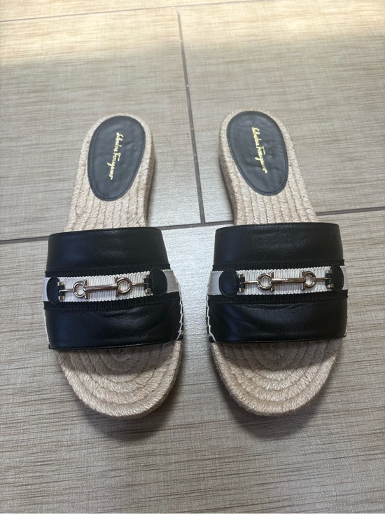 Salvatore Ferragamo Shoes - Salvatore Ferragamo Black Leather Espadrille Slide Sandals with Gold Hardware